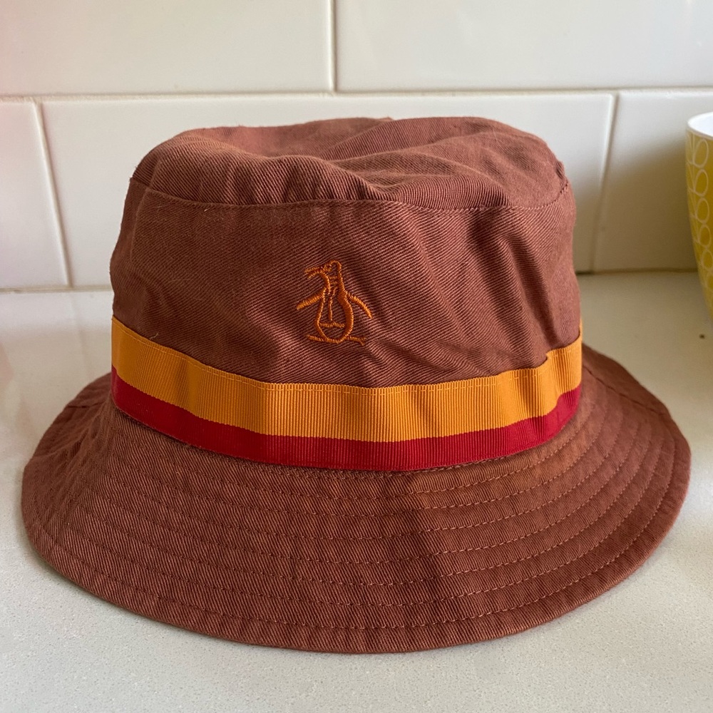 Penguin Brand Bucket Hat - brown with orange and red stripe ribbon